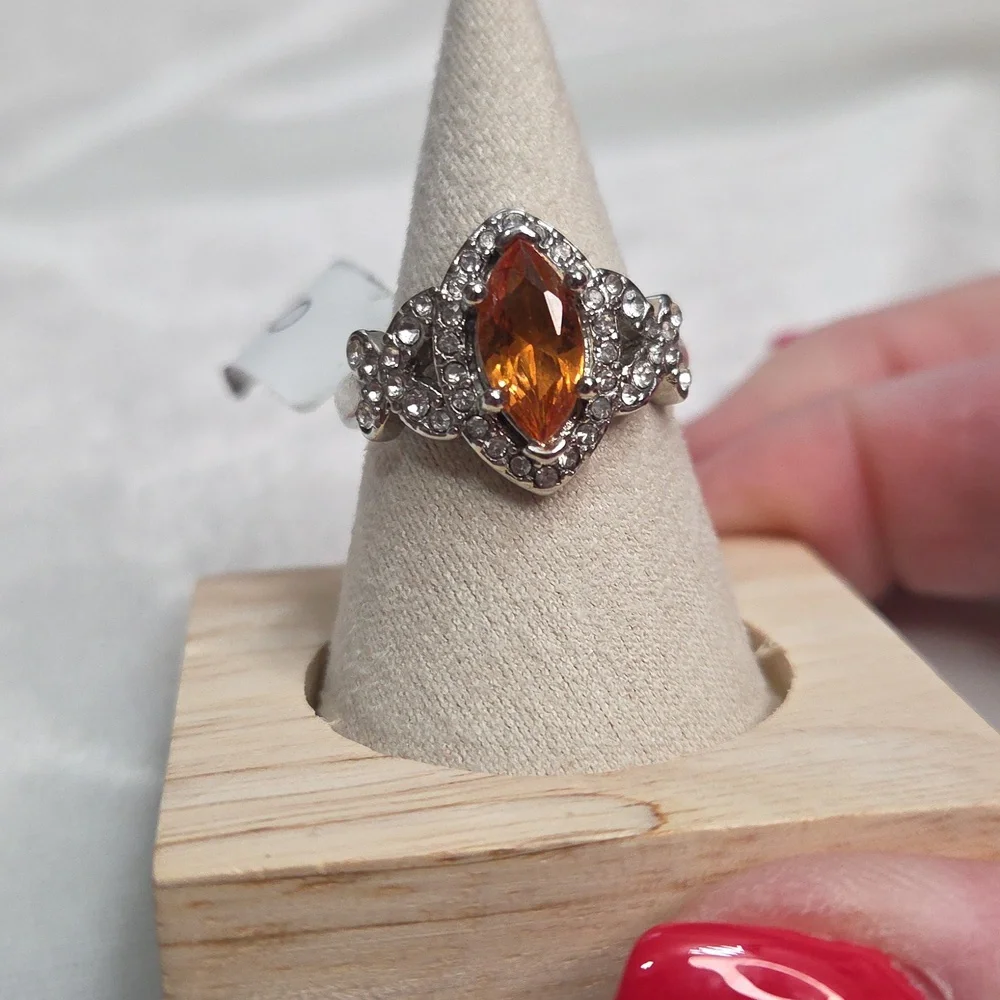 Orange Marquis Shaped Stone Fashion Ring Silver Tone Band Elegant Rhinestone